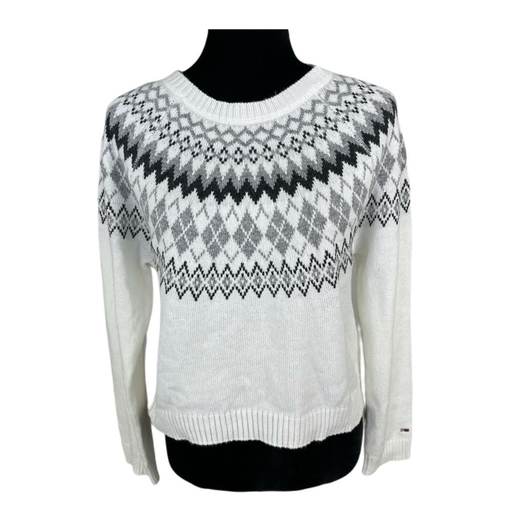 ✅ NWT Tommy Hilfiger Jenas White with grey ornament print cotton blend sweater M